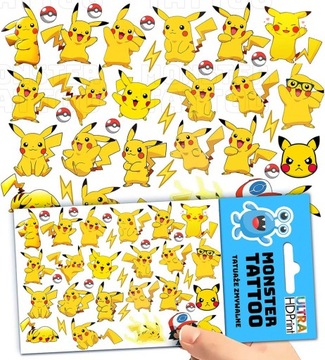 TATUAŻE ZMYWALNE TYMCZASOWE DLA DZIECI DZIECIĘCE PIKACHU WZORY ORYGINALNE