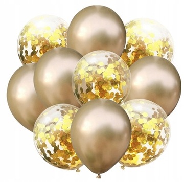Balony ZŁOTE ZŁOTY CHROM konfetti ZESTAW 10 szt