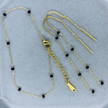Komplet Złoty Biżuterii Stal Chirurgiczna Łańcuszki Czarne Koraliki Fasetki