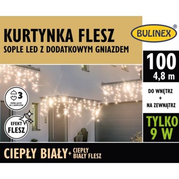 KURTYNA ŚWIETLNA ZEWNĘTRZNA SOPLE LAMPKI 100 LED 4,8M BIAŁY CIEPŁY Z FLESZ