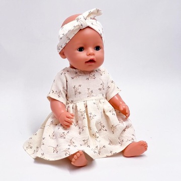 Sukienka muślinowa dla lalki Baby Born 43cm, gałązki na ecru