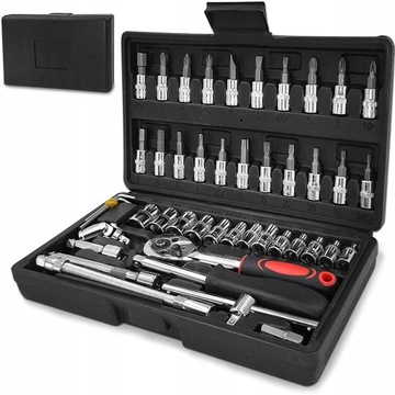 ZESTAW KLUCZY NASADOWYCH BITÓW GRZECHOTKA ADAPTERY KLUCZE NASADOWE 46 SZTUK