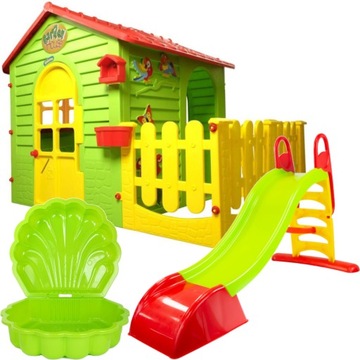 САДОВЫЙ ДОМ С ЗАБОРОМ, ГОРКИ, ПЕСОЧНИЦА, ДЕТСКАЯ ПЛОЩАДКА 3 В 1, КОМПЛЕКТ