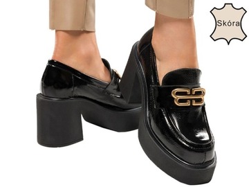 CZARNE MOKASYNY SKÓRZANE PÓŁBUTY SZEROKI OBCAS KLOCEK MODNA OZDOBA r 37
