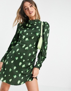 Zielona satynowa wzorzysta sukienka mini M