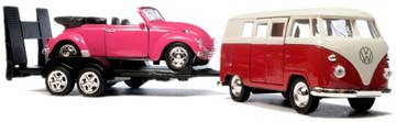 WELLY AUTO LAWETA 2 AUTA VOLKSWAGEN T1 VW BEETLE KABRIO RÓŻOWE HOLOWANIE