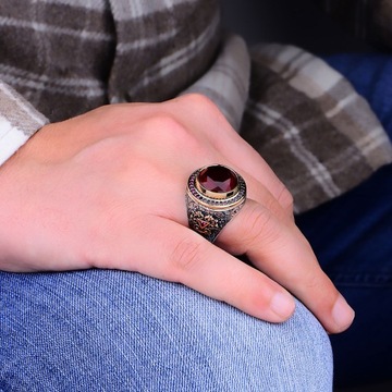 Ruby Stone Silver Men's Ring, Turkish Handcrafted Design Men's Ring