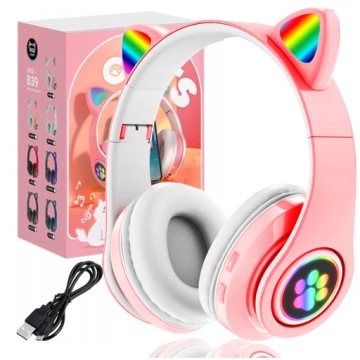 SŁUCHAWKI DLA DZIECI KOCIE USZY BEZPRZEWODOWE RGB Dziecięce GAMINGOWE