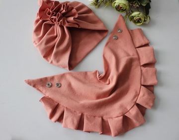 Zestaw turban podwójny chusta 42-44 ok 6-9 mc herbaciany róż wiosna/jesień