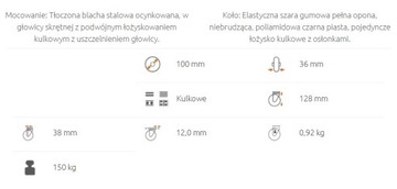 Zestaw 100 mm 4 szt guma koło OTWÓR 600 KG kulkowe
