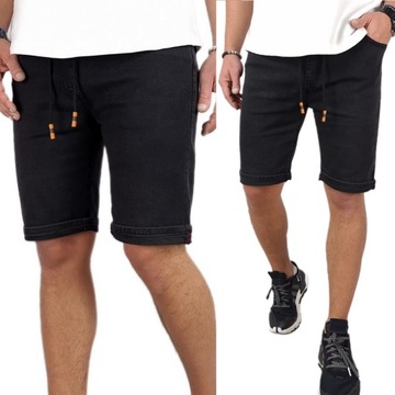 czarne SPODENKI męskie JEANSOWE szorty krótkie spodnie PAS z GUMKĄ 255, XXL