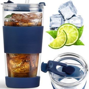 VIALLI KUBEK DUŻY SZKLANY TERMICZNY DO SAMOCHODU ZE SŁOMKĄ GRANATOWY 600 ML