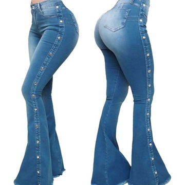 MODNE elegancka spodnie dzwony jeans push up wysoki stan szerokie nogawki