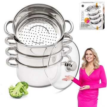 Parowar GARNEK INDUKCJA z pokrywką 22 cm 3 poziomy DO GOTOWANIA NA PARZE
