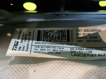 GIULIETTA 10R AIRBAG ULOŽENÍ SEDADLA LEVÝ PŘEDNÍ 00L0207269 BAM-PT1-1798