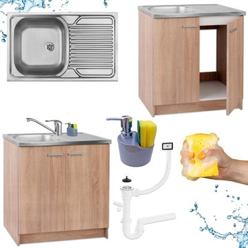 Szafka Kuchenna Dąb Sonoma 80 x 50 + Zlew 1 Komora + Bateria Obr+ Dozownik