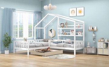 Детская кровать-домик с ящиками и полками 90х200 см + 140х70 см белая