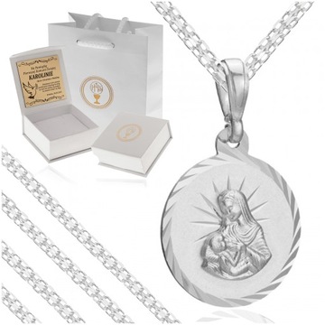 SREBRNY ŁAŃCUSZEK Z MEDALIKIEM PR. 925 PAMIĄTKA I KOMUNII ŚWIĘTEJ + GRATISY