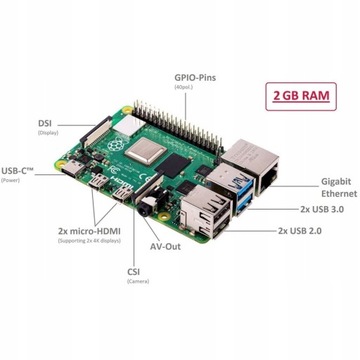 Микрокомпьютер Raspberry Pi WiFi Bluetooth 4x 1,5 ГГц 2 ГБ ОЗУ HDMI 4K