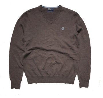 Fred Perry merino sweter brązowy v-neck wełniany męski M