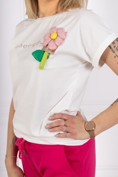 T-shirt damski Megi z kwiatem na przedzie Ecru - L/XL