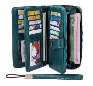 Brązowy elegancki skórzany portfel damski skóra system RFID, pasek na rękę