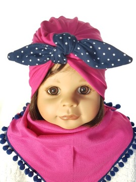 KOMPLET CZAPKA TURBAN PIN UP + CHUSTKA Z POMPONIKAMI DZIEWCZYNKA 3-12 MC 6W