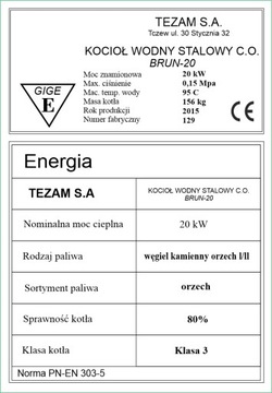 Tabliczka znamionowa na kocioł, piec Tezam
