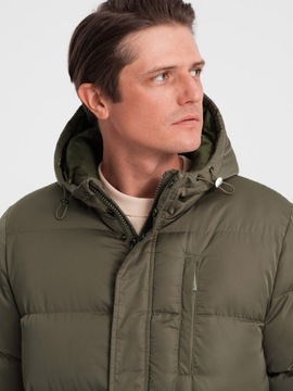 Długa zimowa kurtka męska pikowana satynowa khaki V1 OM-JALJ-0147 XL
