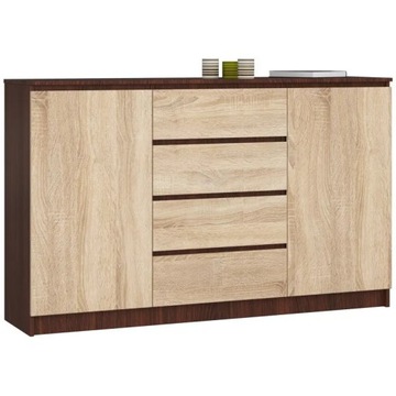 Komoda wysoka 160 cm 2 drzwi 4 szuflady pojemna do salonu Wenge Dąb Sonoma
