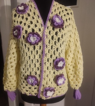 Sweter handmade boho hippie na szydełku kwiaty