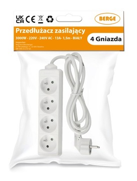 Przedłużacz Listwa Zasilająca 4 Gniazda 1,5m 3*1,0mm2 13A 3000W Biały