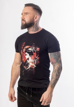 Czarny T-Shirt Basic Slim fit Z Nadrukiem Gejsza