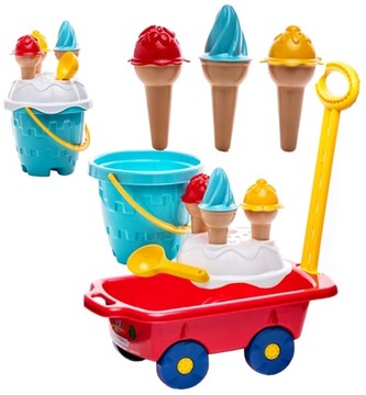 WÓZ TACZKA WÓZEK Z RĄCZKĄ + WIADERKO FOREMKI LODY