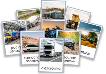 Plansze edukacyjne TRANSPORT LĄDOWY pojazdy środki transportu A5 Montessori