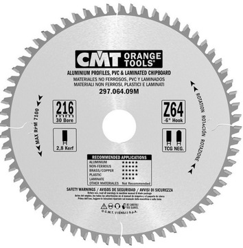 Piła tarcza do cięcia aluminium CMT HW D=216 F=30 Z=64K <-6° (297.064.09M)