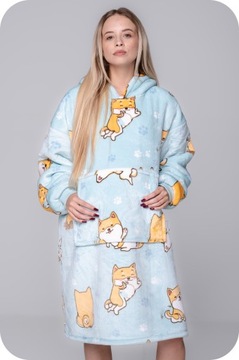KOC BLUZA Oversize Gruba KOCOBLUZA 2w1 XXL Wzór SHIBA Futrzak z Kapturem