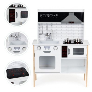 DREWNIANA KUCHNIA DLA DZIECI ECOTOYS Z DŹWIĘKAMI I ŚWIATEŁKAMI + AKCESORIA