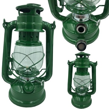 ZIELONA LAMPA NAFTOWA 24 CM RETRO ANTYCZNA VINTAGE LAMPION NA NAFTĘ + KNOT