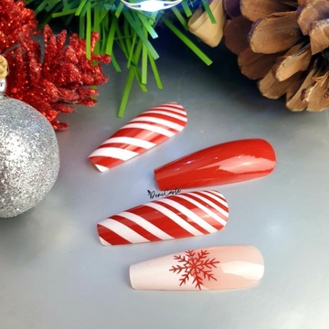 ИСКУССТВЕННЫЕ НОГТИ КРАСНЫЕ КОНСЫ РОЖДЕСТВЕНСКИЕ ЗИМНИЕ ПОЛОСКИ СНЕЖИНКА 24ШТ.