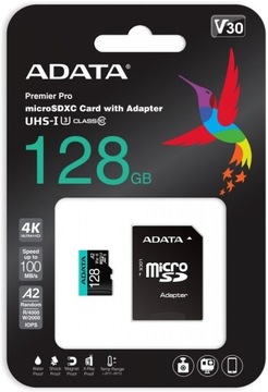 ADATA Premier Pro microSDXC 128GB 100R/80W UHS-I U3 Class 10 A2 V30S + Adap