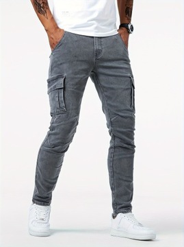 Dżinsy Slim Fit z wieloma kieszeniami, męskie spodnie jeansowe w stylu