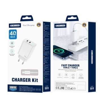 JELLICO Mocna ładowarka sieciowa 40W 2xUSB C + kabel USB C - Lightning