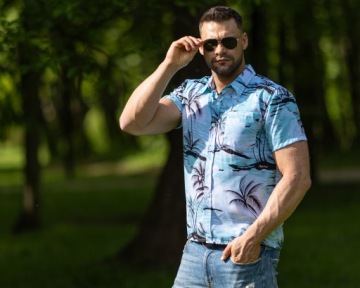 МУЖСКАЯ ГАВАЙСКАЯ РУБАШКА ПАЛЬМА ЦВЕТЫ ПЛЯЖ МОРЕ D1 СИНИЙ - M