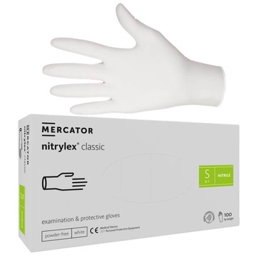 RĘKAWICZKI NITRYLOWE MERCATOR NITRYLEX JEDNORAZOWE BEZPUDROWE BIAŁE 100sz S