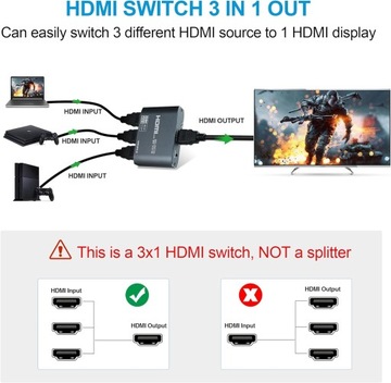avediolinks 3-портовый алюминиевый HDMI-переключатель 4K, 60 Гц