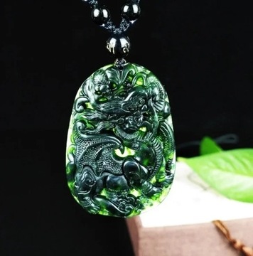 Chinese Natural Black Green Jade Dragon Pendant Necklace Fashion