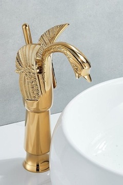 Стоячий высокий смеситель для умывальника для ванной комнаты, столешница, золото, лебедь, ЛАТУНЬ