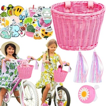 KOSZYK DZWONEK FRĘDZLE NAKLEJKI ROWEROWY KOSZ RÓŻOWY DLA DZIEWCZYNKI ZESTAW