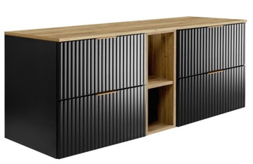 Czarny Zestaw Łazienkowy pod Umywalkę Wiszący 140 RYFLOWANE fronty MDF BLAT